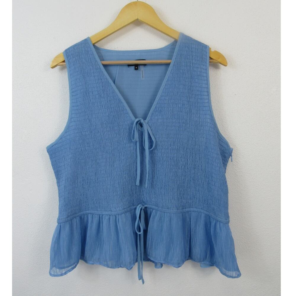 1. State XL Women’s Smocked Tie Front Peplum Tank Blue Lake V Neck Double Tie